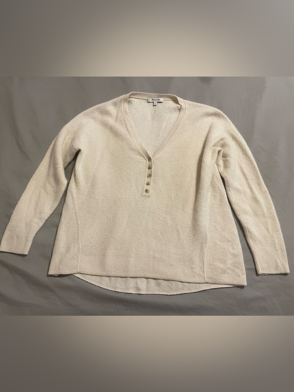 Madewell Women's Cream V-Neck Button Pullover Sweater waffle knit preppy fall